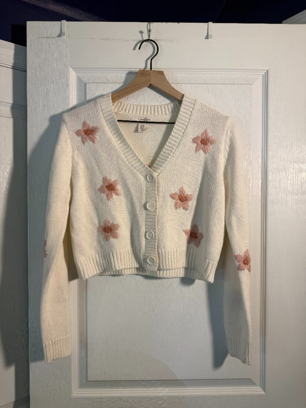 EUC - Jessica Simpson - Floral Cropped Cardigan - Medium - Cream w/Pink Flowers